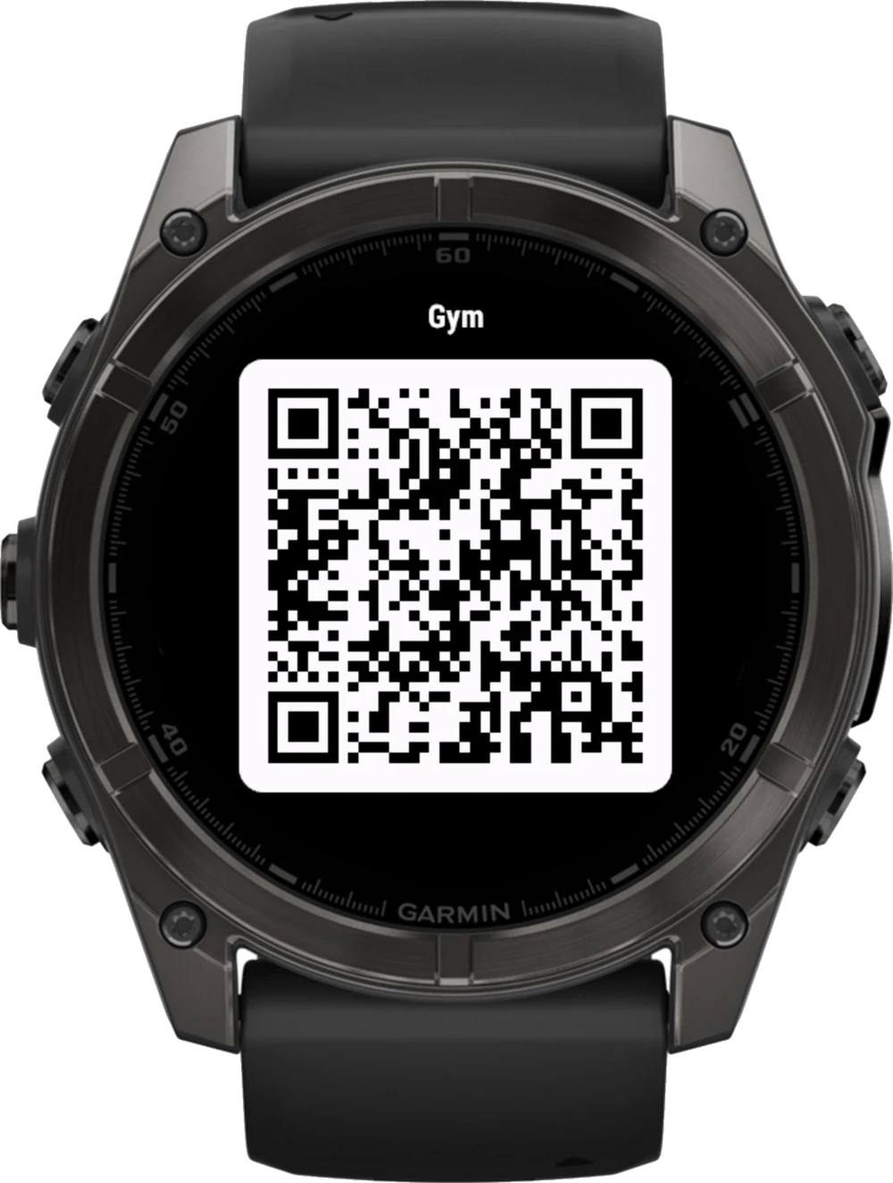 A Garmin fēnix 8 watch showing a card named Gym as a full-screen QR code, rendered by Keychain.
