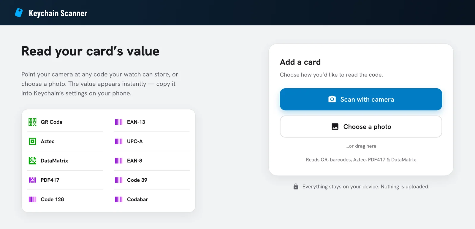 The Keychain Scanner web app: a headline reading Read your card's value, a list of the ten supported code formats, and buttons to scan with the camera or choose a photo.